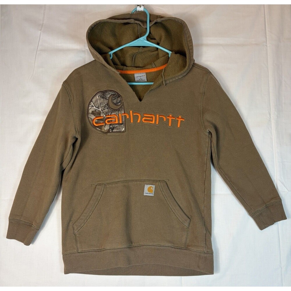 Carhartt Kids Hoodie LS Pullover Brown With Camo Logo Youth L 14-16